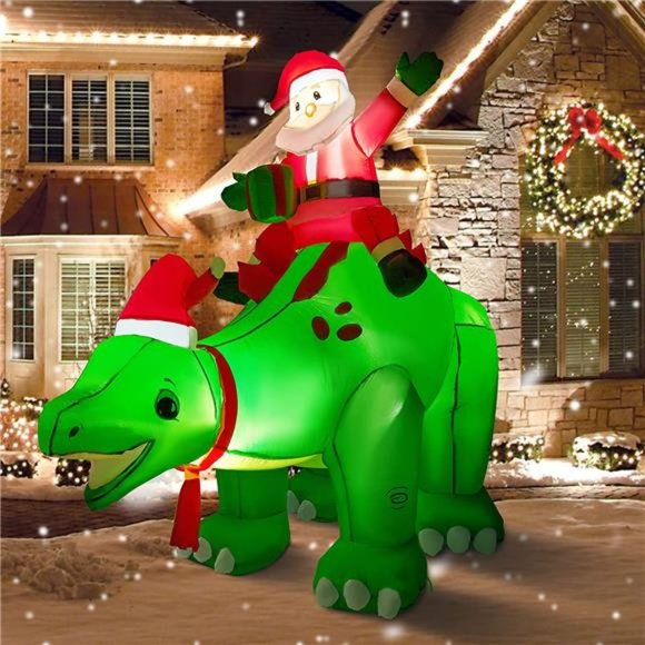 8 FT Christmas Inflatables Outdoor Decorations, Santa Claus Ride Dinosaur - Picture 4 of 8